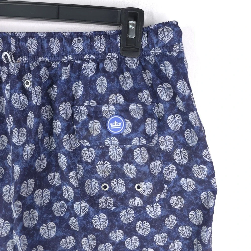 Peter Millar Seaside Shorts Men XL Blue Batik Leaf‎ Floral AOP Lined Swim Trunks
